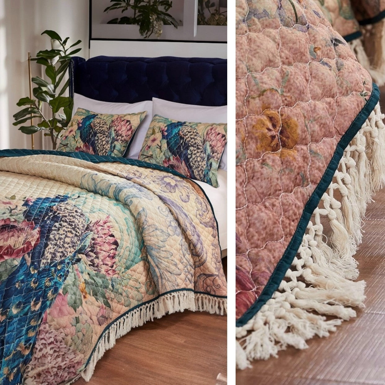 NEW Anthropologie Peacock Tassel Fringe Boho Quilt Bedspread Bedding & Sham Set