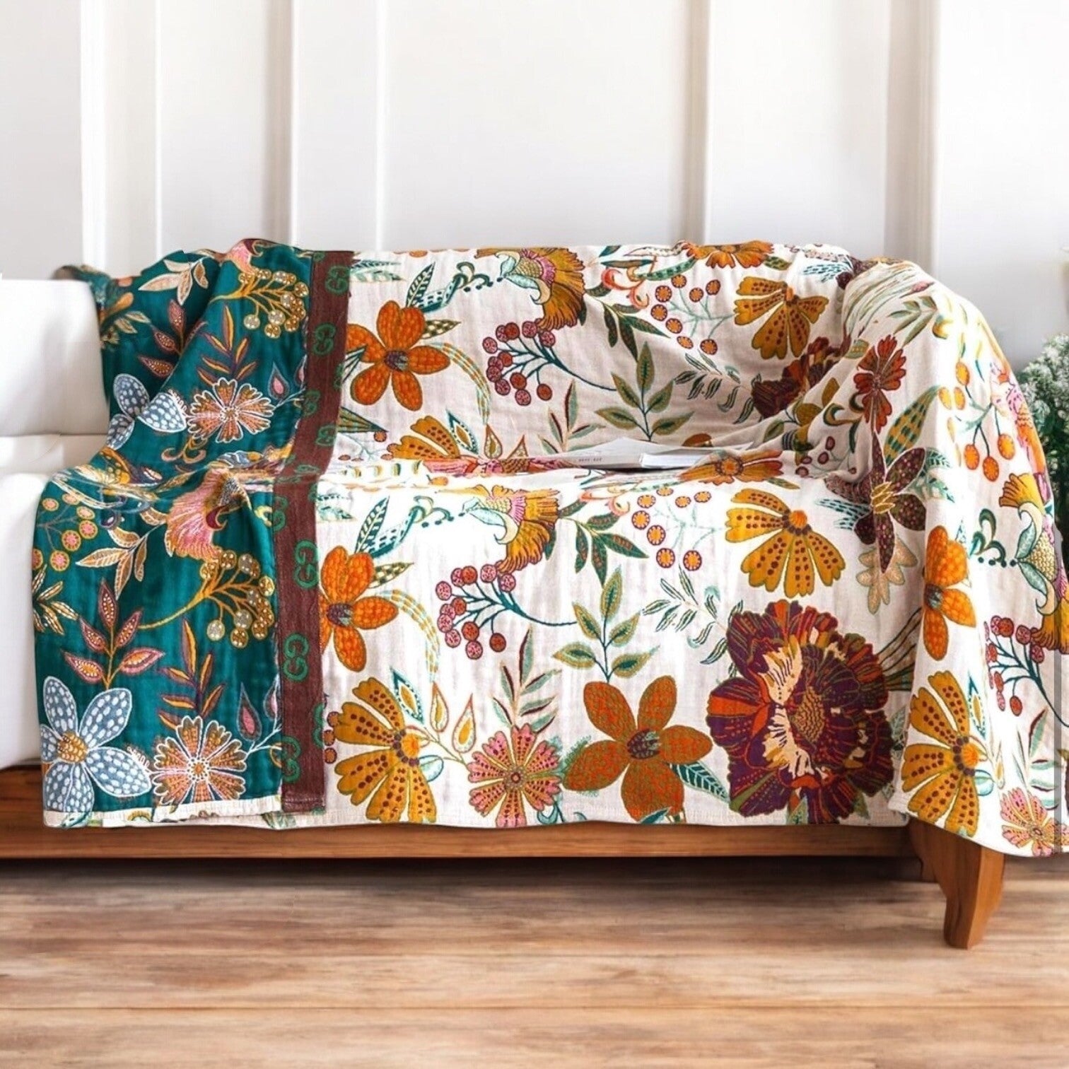 NEW Anthropologie Boho Floral Reversible Queen Blanket Bedspread Quilt 90" x 98"