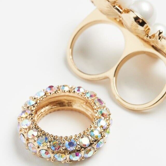 NEW Anthropologie Gold Boho Gold Pearl Rhinestone Costume Jewelry Ring Set Small