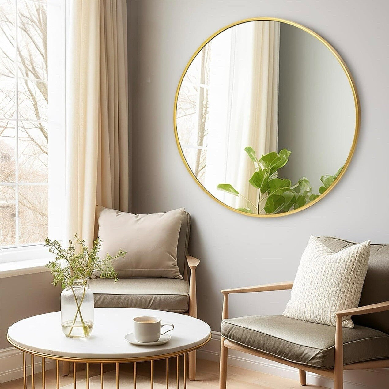 NEW West Elm Gold Circle Round Metal Framed Boho Wall Entry Mirror - 30" x 30"