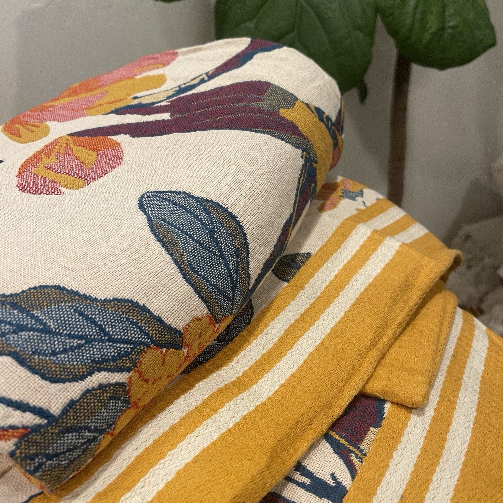 NEW Anthro XL Boho Bird Orange Floral Throw Blanket Bedspread Quilt 80" x 90"