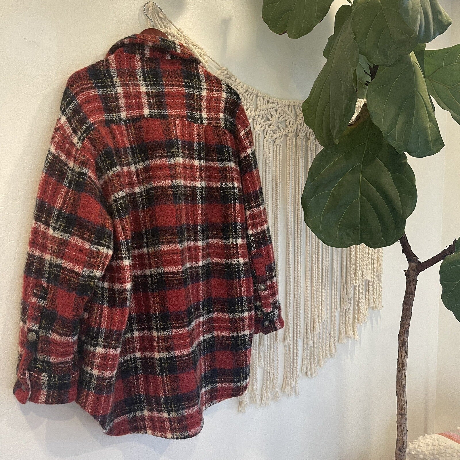 Anthro / The Kooples Red Tweed Plaid Shirt Coat Trucker Jacket Sweater Large