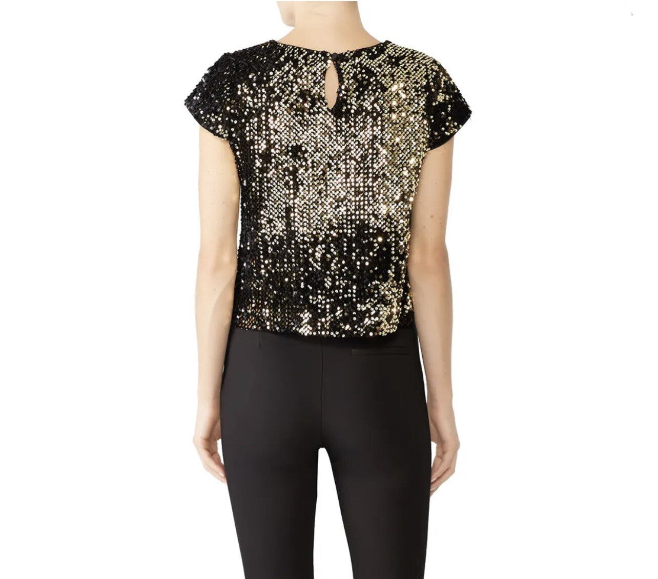 Milly Designer Black & Gold Sequin Glitter Sparkle Crop Tee Shirt Top - Large