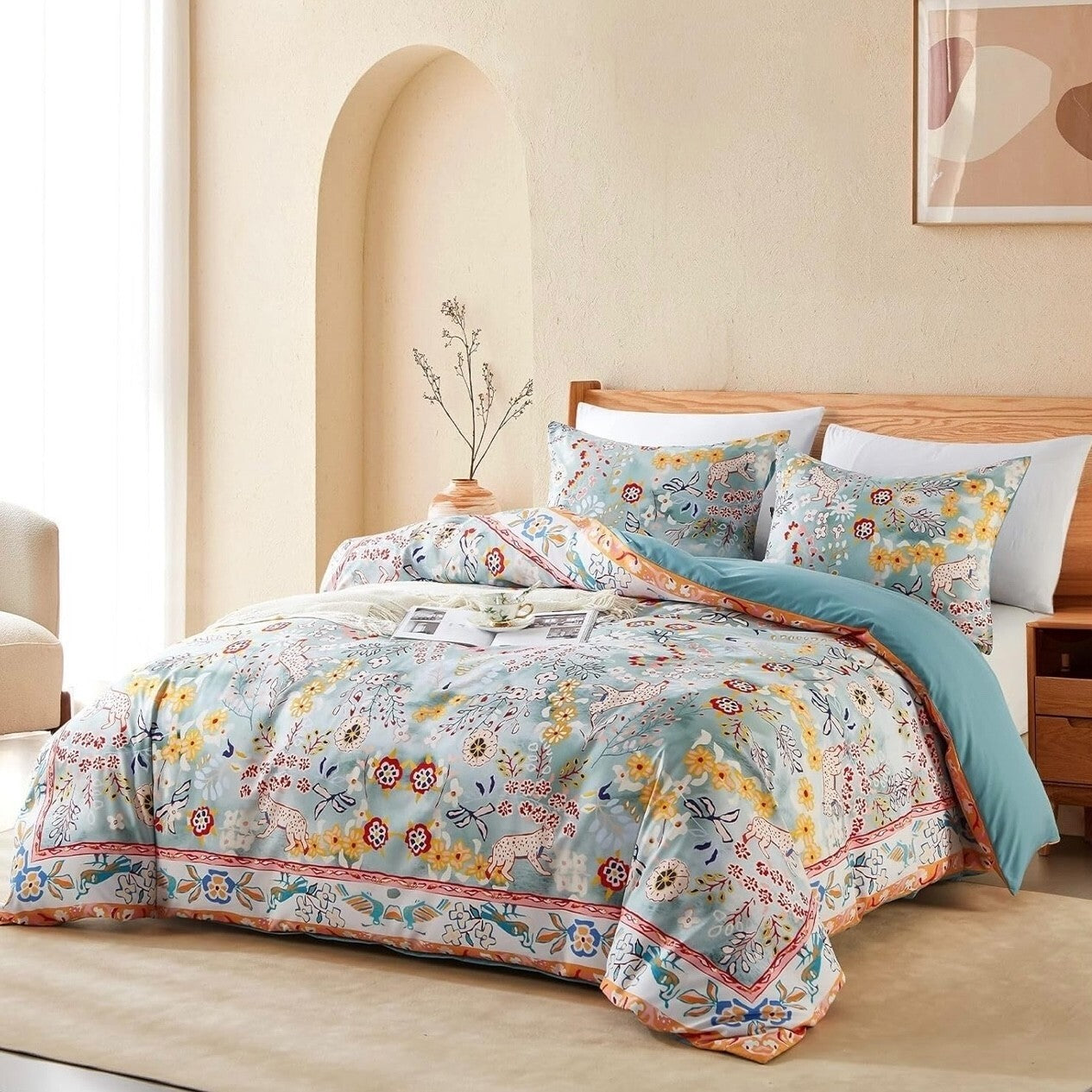 NEW Anthro Blue Jungle Multicolor Boho Queen / King Bedding Duvet & Sham Case