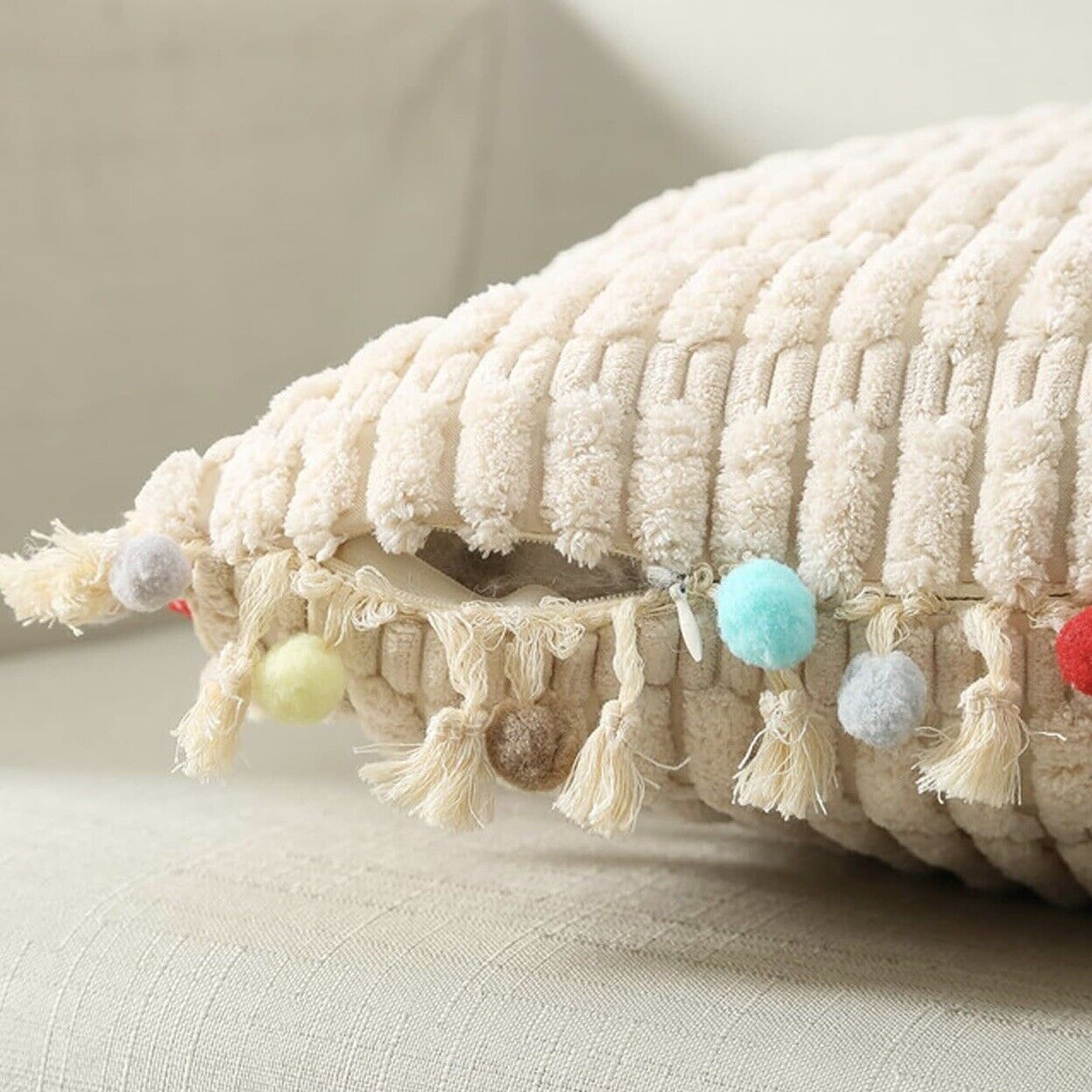 NEW Anthropologie (Set 2) Boho Tassel Pom Pom Throw Pillow Case Sham 12" x 20"