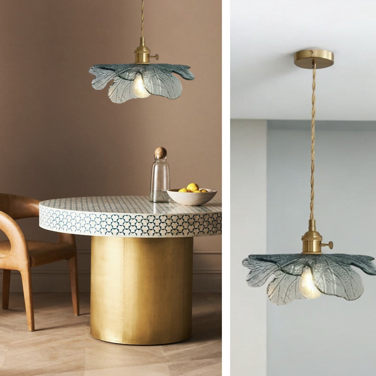 NEW Anthro Vintage Blue Glass Hanging Retro Gold Floral Pendant Light Fixture