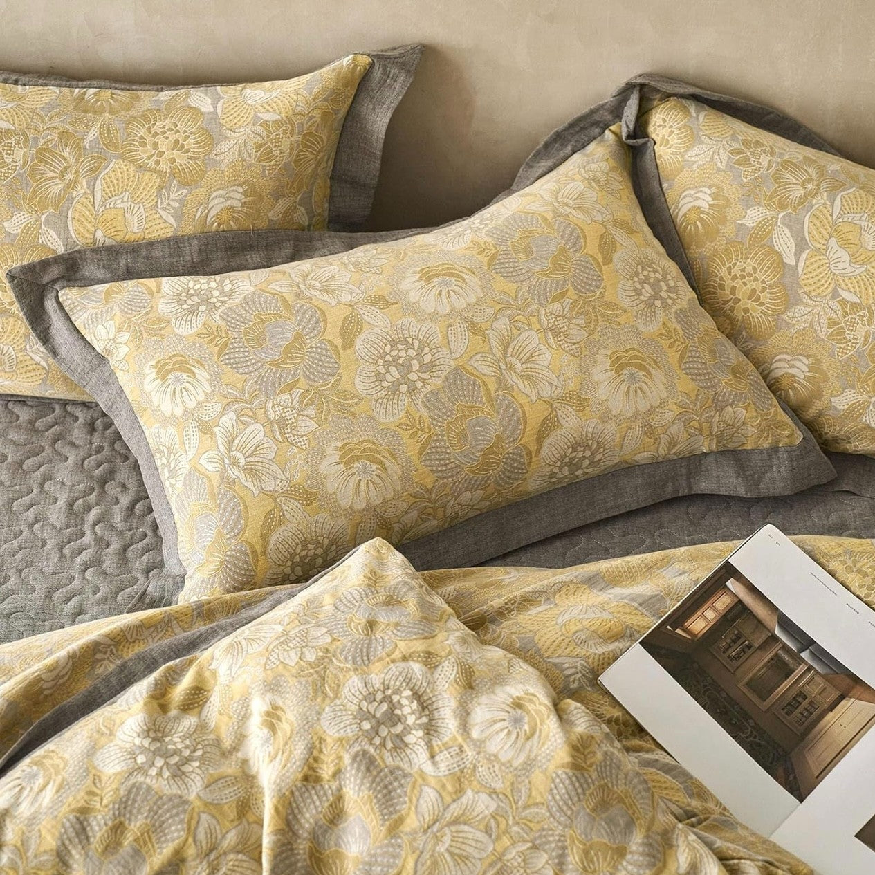 NEW Anthro Yellow Floral Jacquard Queen / King Cotton Bedding Duvet & Sham Set