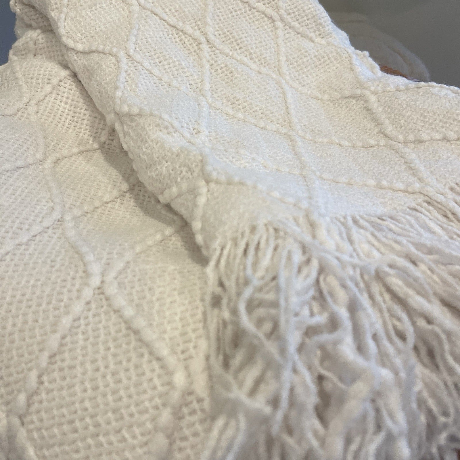 New Anthro White Boho Tassel Fringe Pom Pom Knit Throw Blanket 60" x 80"