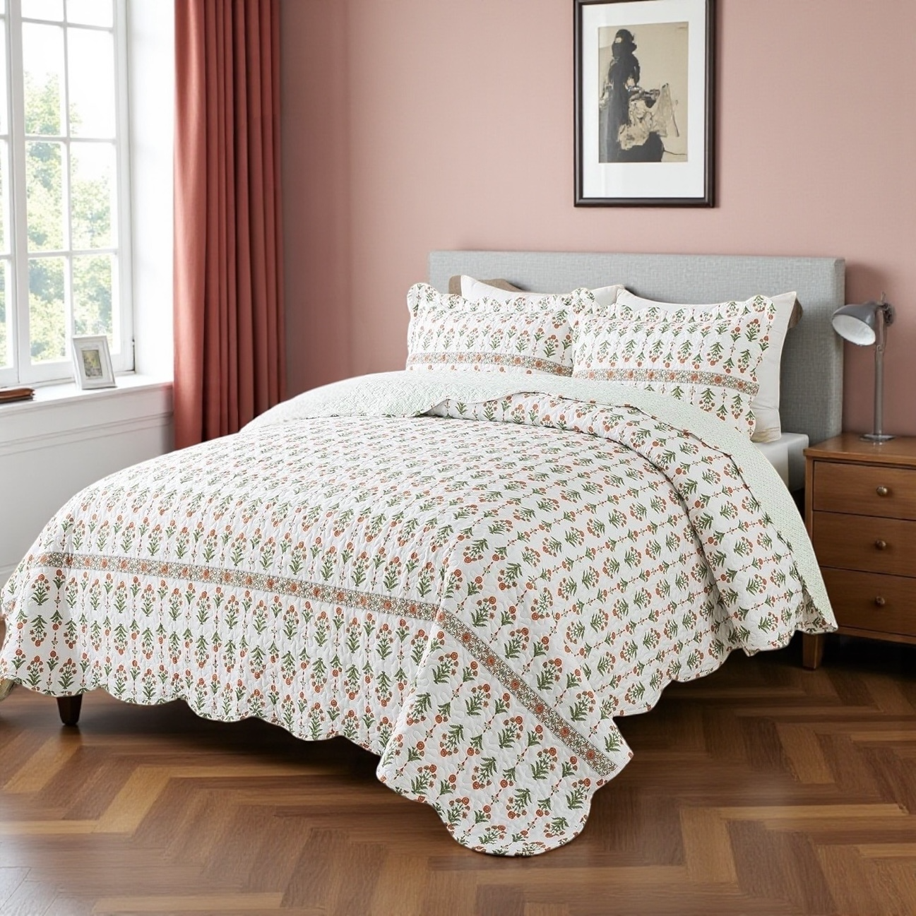 NEW Anthro Coral & White Floral Pattern Queen / King Bedding Quilt & Sham Set