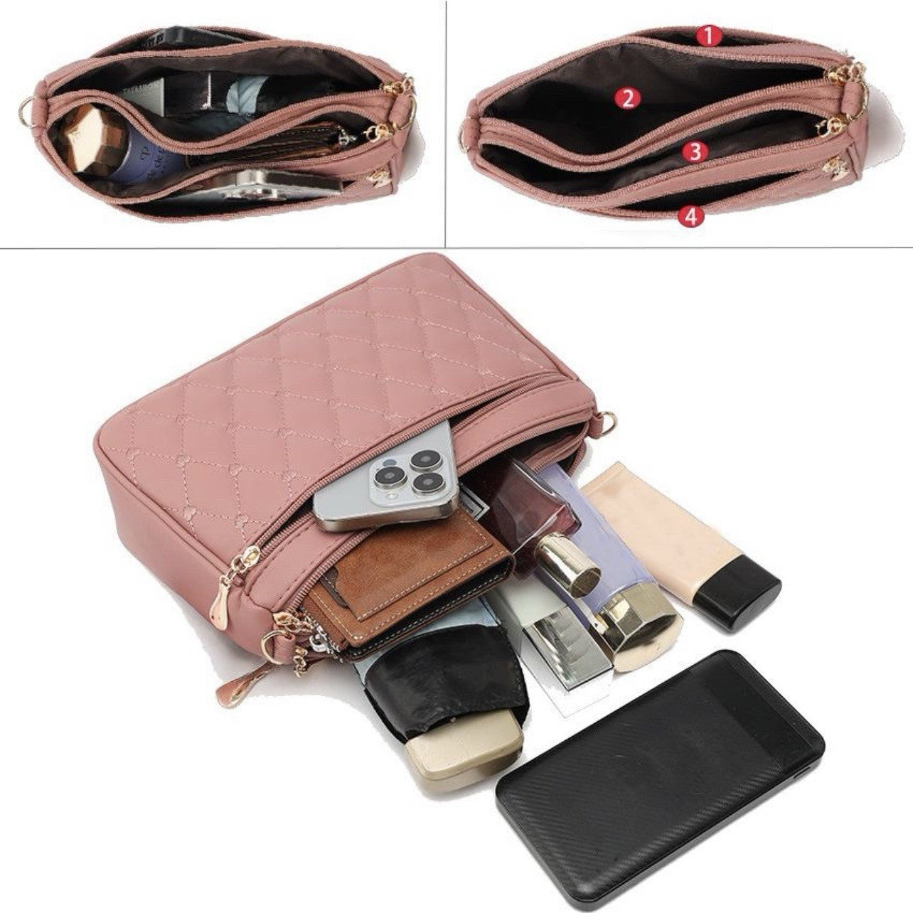 NEW Set of 3 Quilted Pink Green Black & Gold Crossbody Bag Purse Bundle Lot