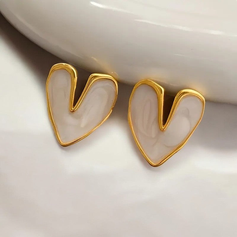 NEW Anthropologie White & Gold Plated Boho Heart Stud Abstract Earrings Jewelry