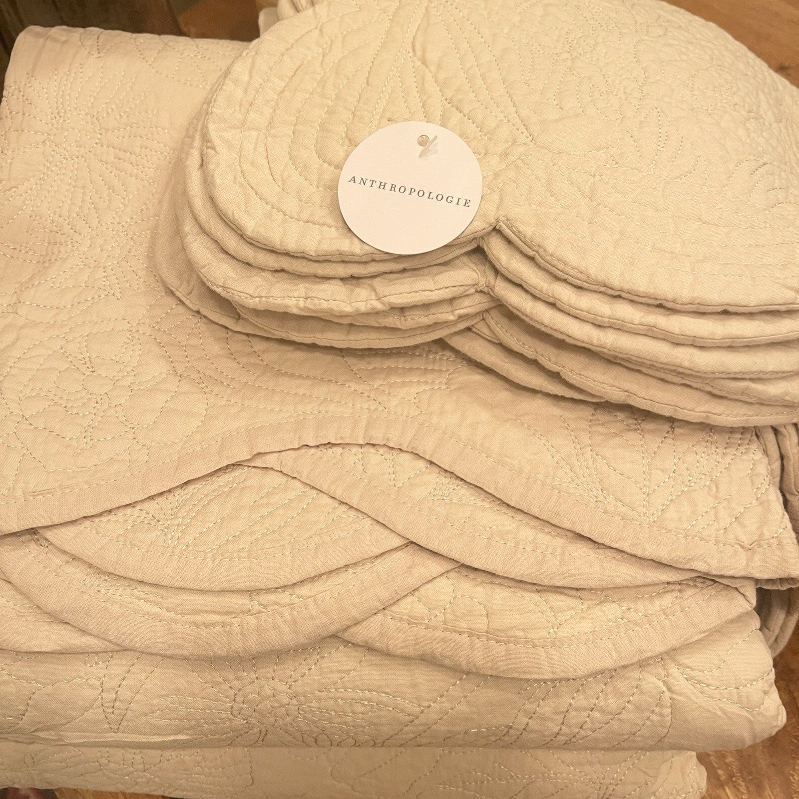 NEW Anthropologie White Cream King Reversible Quilt Bedspread Blanket Sham Set