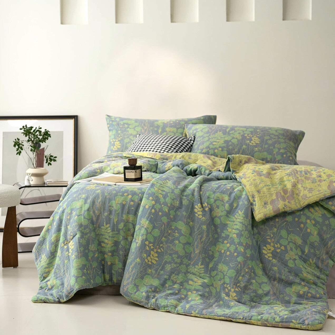 NEW Anthro Blue Green Floral Reversible King Size Bedspread Blanket Sham Set