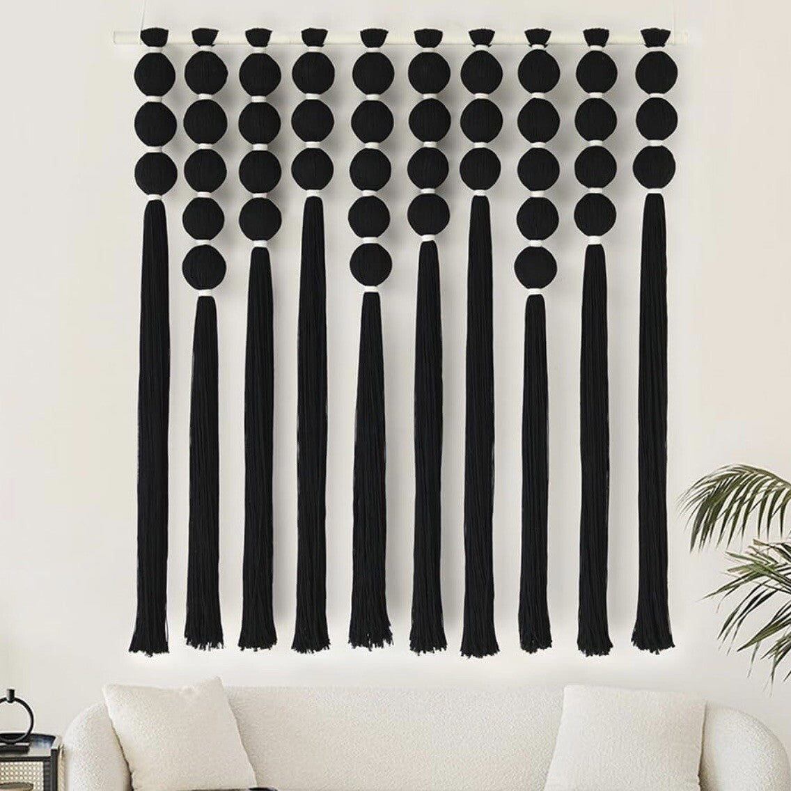 NEW Anthropologie XL Boho Black & White Tassel Tapestry Woven Wall Hanging - 40"