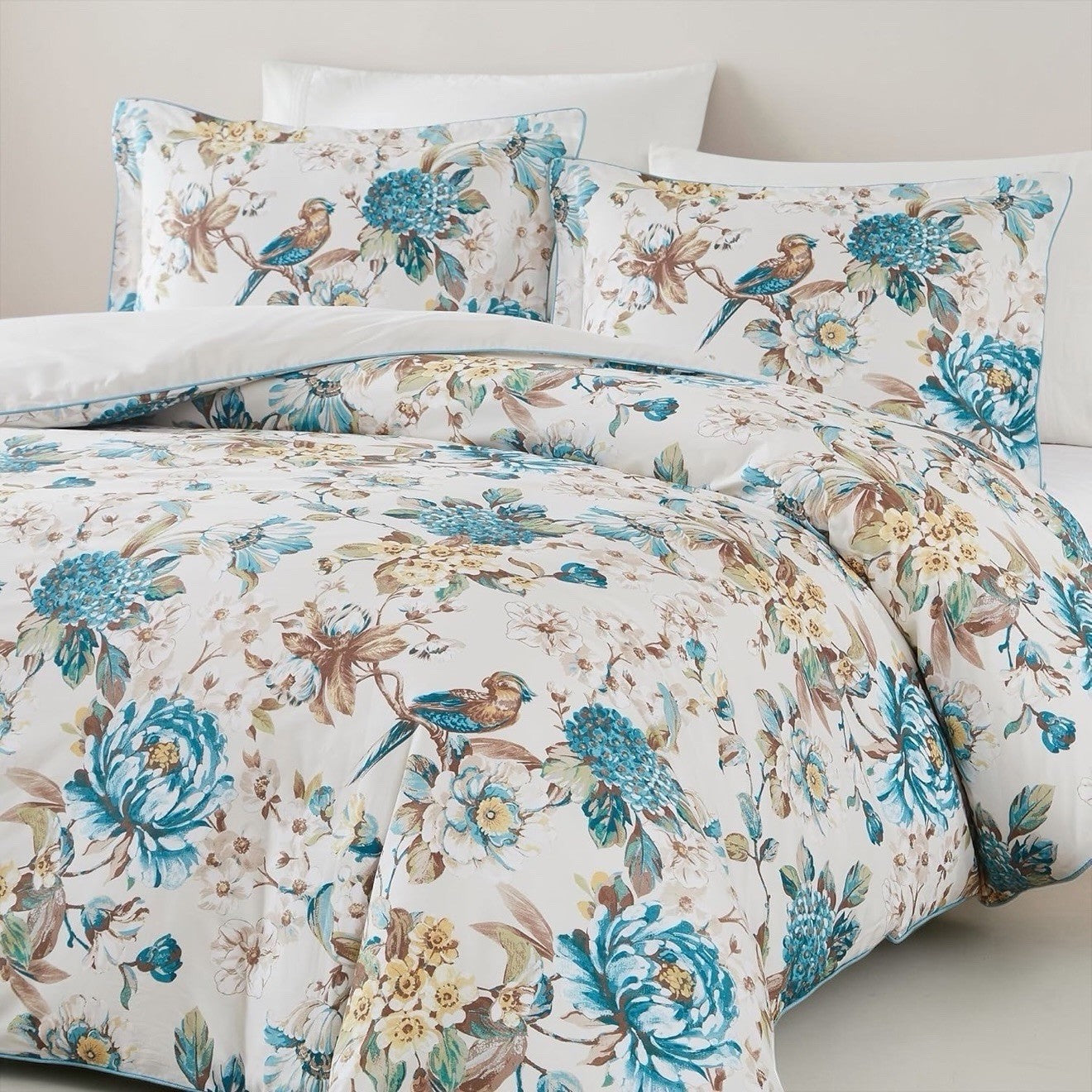 NEW Anthro White Blue Floral Bird Cotton Boho Queen King Bedding Duvet Sham Set