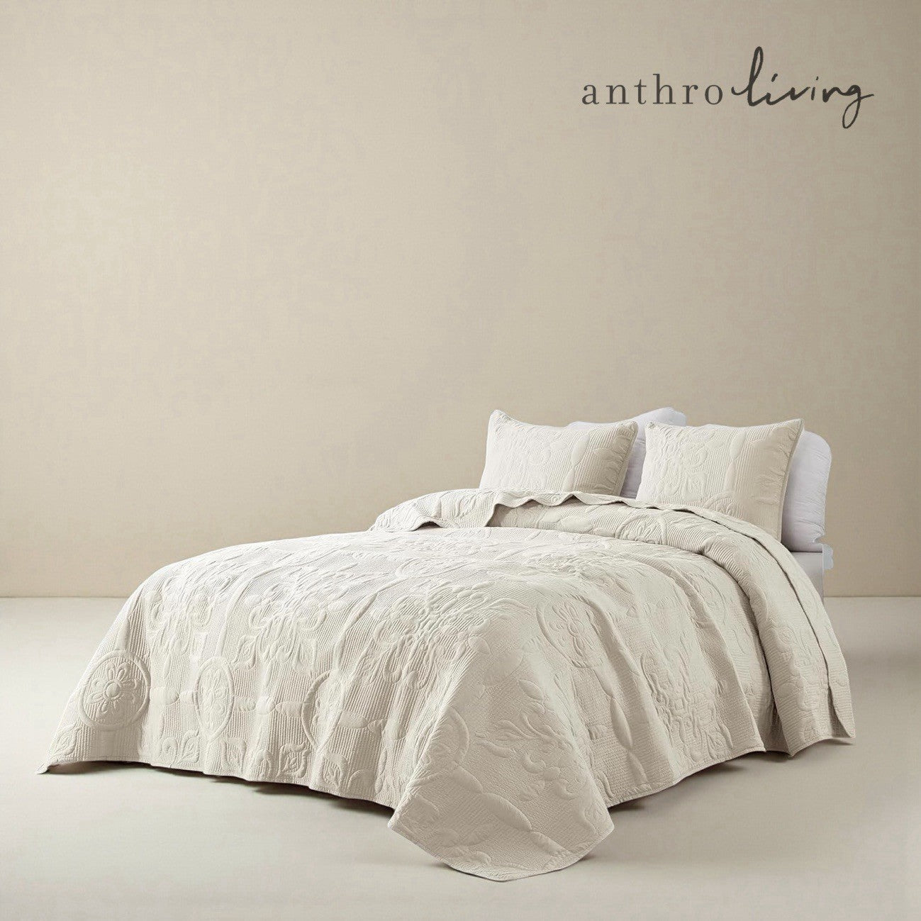 NEW Anthro White Cream Boho Jacquard Retro Queen / King Bedding Quilt & Sham Set