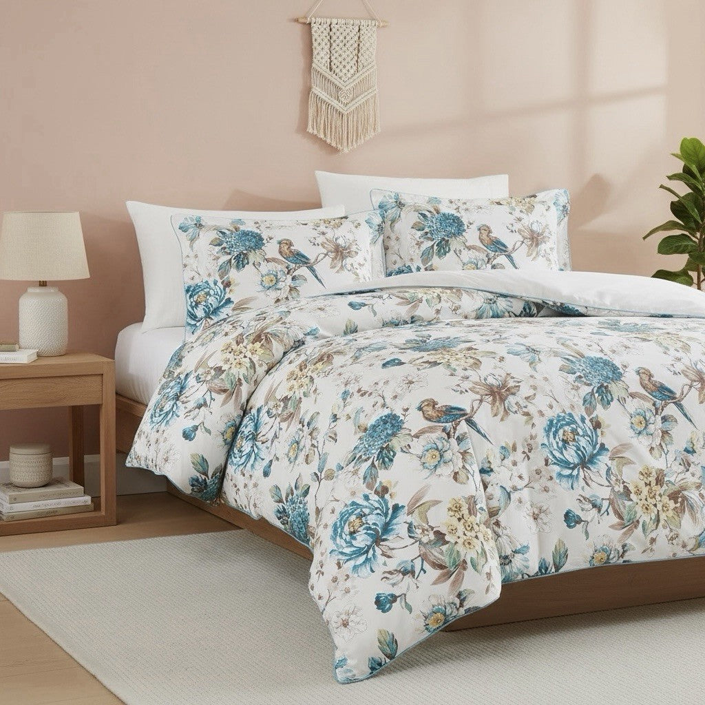 NEW Anthro White Blue Floral Bird Cotton Boho Queen King Bedding Duvet Sham Set