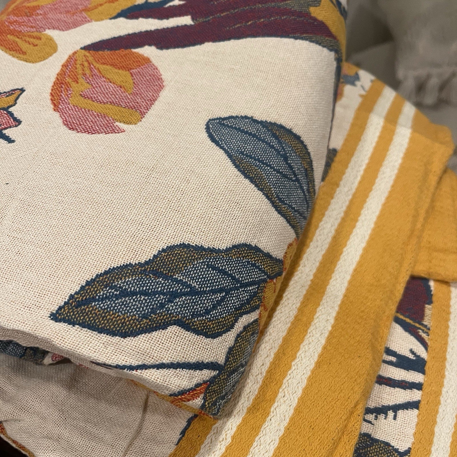 NEW Anthro XL Boho Bird Orange Floral Throw Blanket Bedspread Quilt 80" x 90"