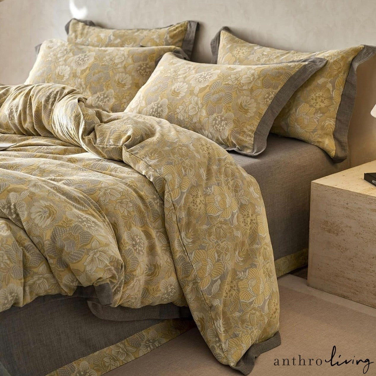 NEW Anthro Yellow Floral Jacquard Queen / King Cotton Bedding Duvet & Sham Set