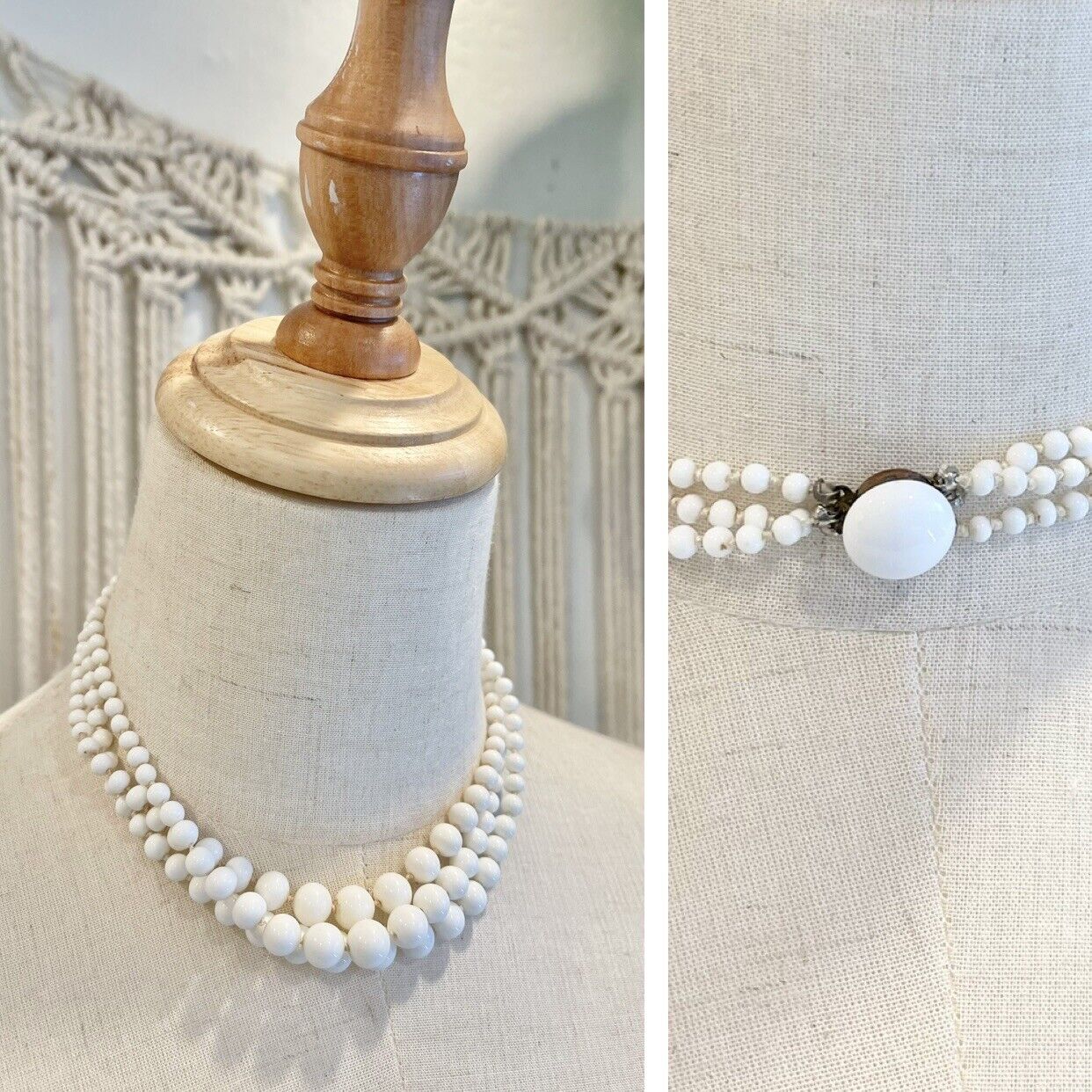 Vintage White Glass Ceramic Round Beaded Layered Necklace Jewelry Retro Antique