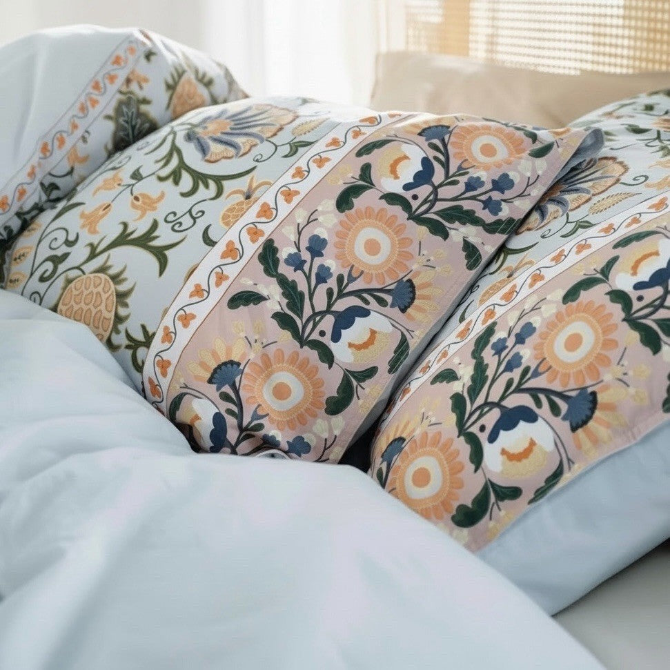 NEW Anthropologie Blue Floral Boho Cotton Queen / King Bedding Duvet & Sham Set