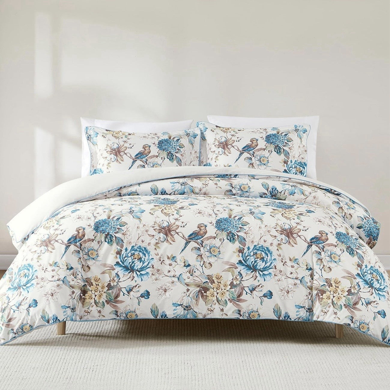 NEW Anthro White Blue Floral Bird Cotton Boho Queen King Bedding Duvet Sham Set