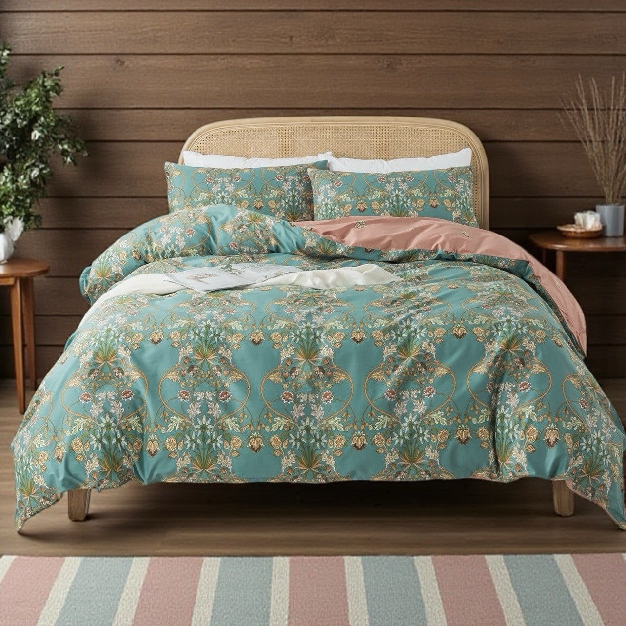 NEW Green Pink Reversible Floral King Size Boho Comforter Bedding Sham Case Set