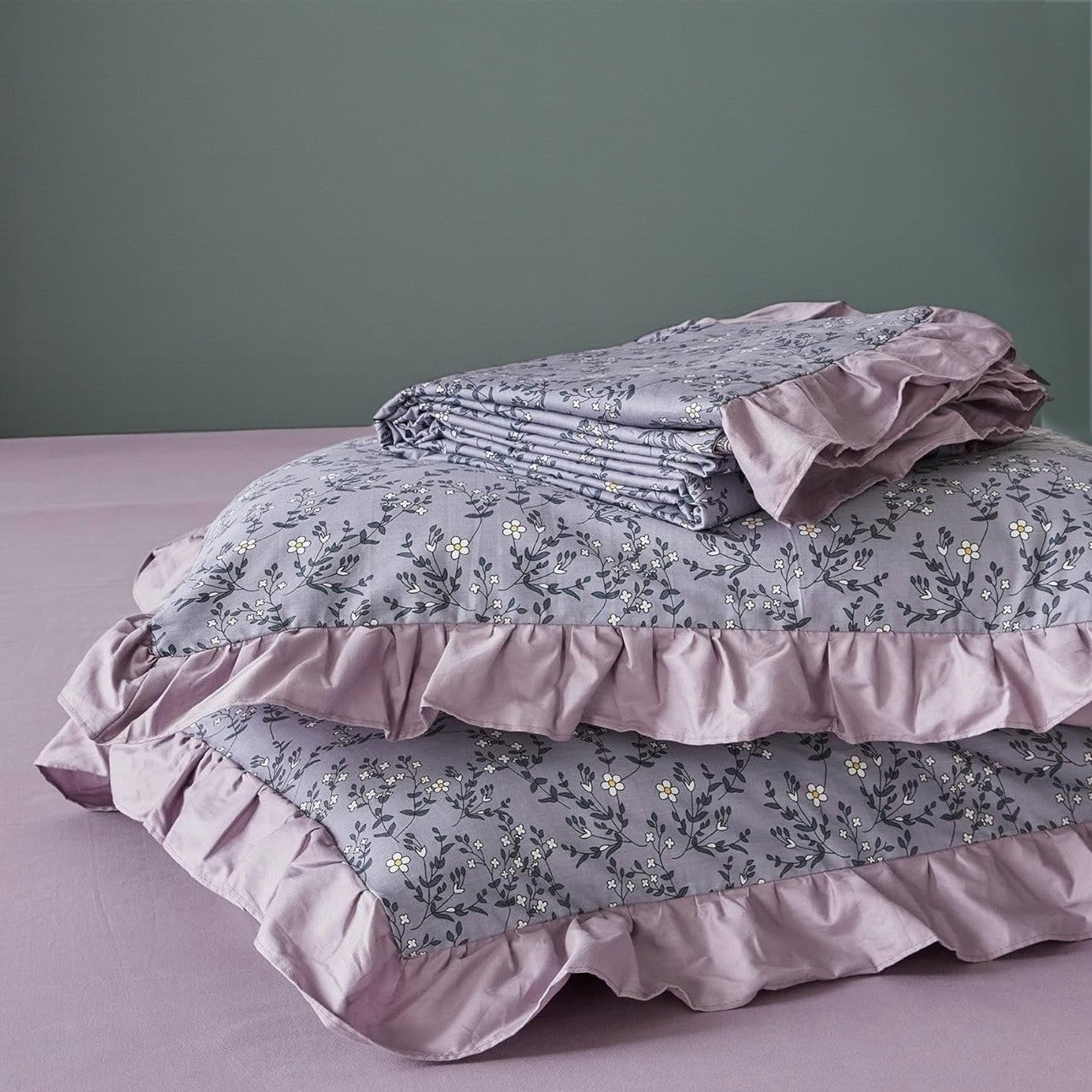 NEW Anthro Lavender Floral Ruffle Queen / King Cotton Bedding Duvet & Sham Set