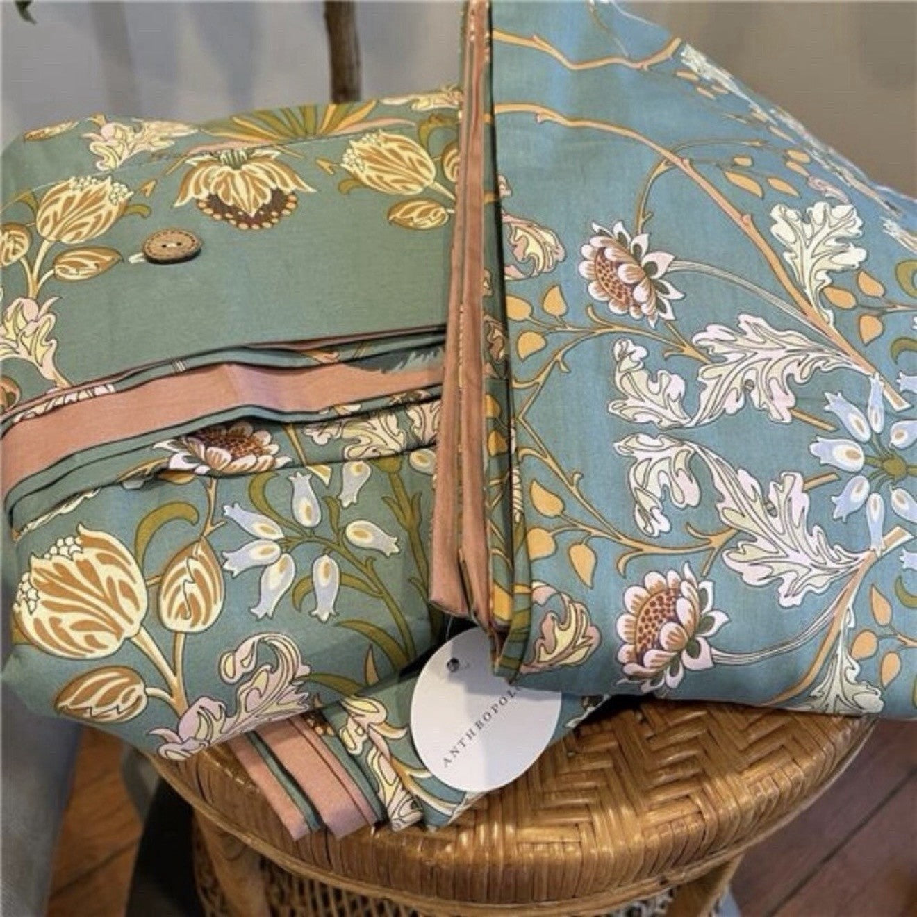 NEW Anthro Teal Reversible Cotton Floral Queen King Boho Duvet Bedding Sham Set
