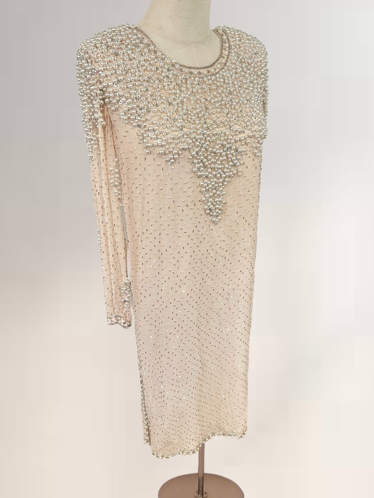 Vintage Lillie Rubin Cream Chiffon Pearl Beaded Tunic Dress Gown - Size Small