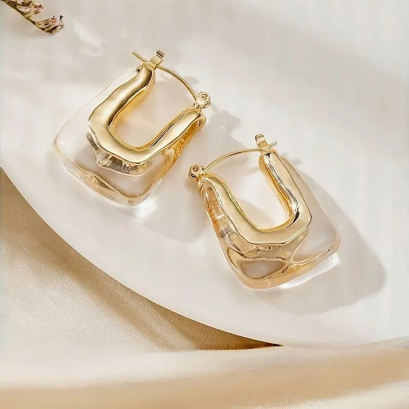 NEW Anthropologie Clear Resin & Gold Plated Chunky Hoop Dangle Earrings Jewelry