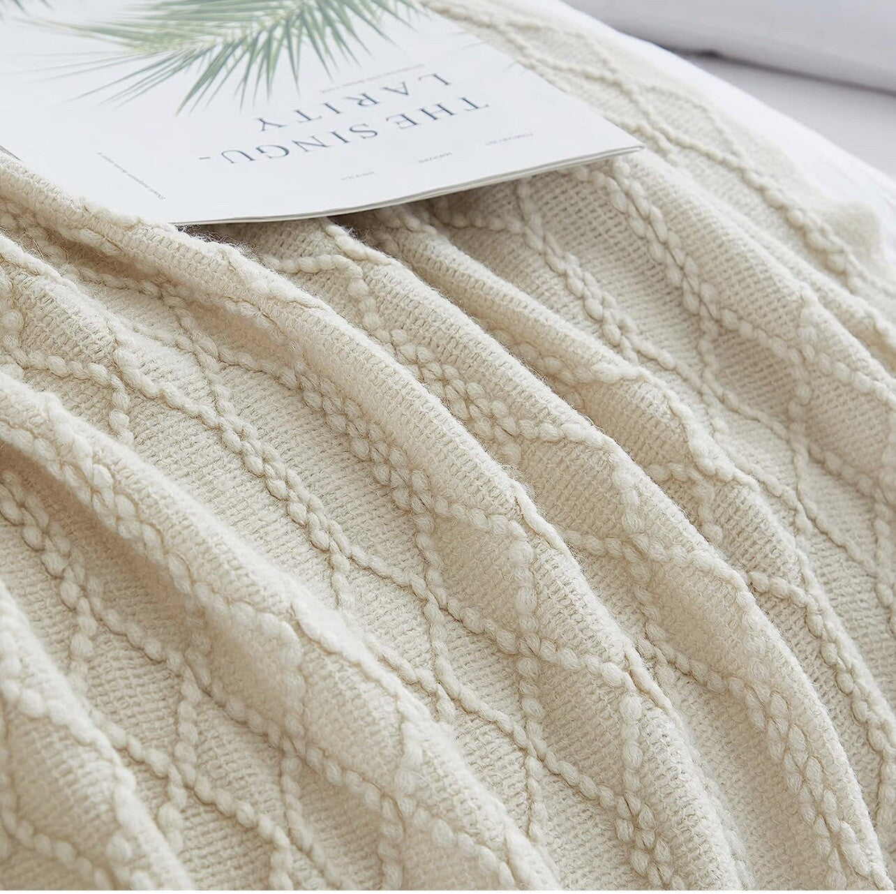 New Anthro White Boho Tassel Fringe Pom Pom Knit Throw Blanket 60" x 80"