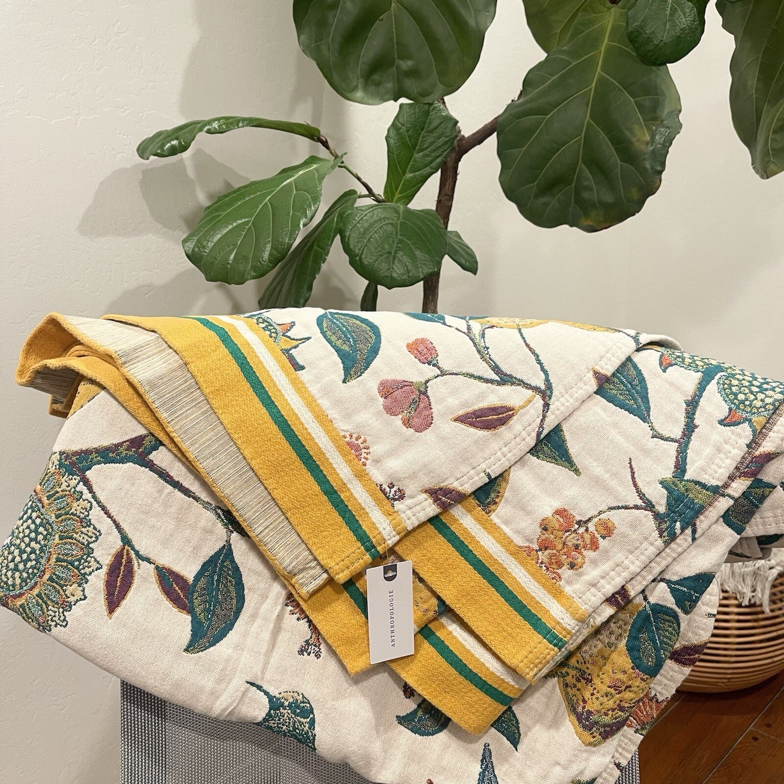 NEW Anthro XL Boho Bird Orange Blue Throw Blanket Bedspread Quilt 80" x 90"