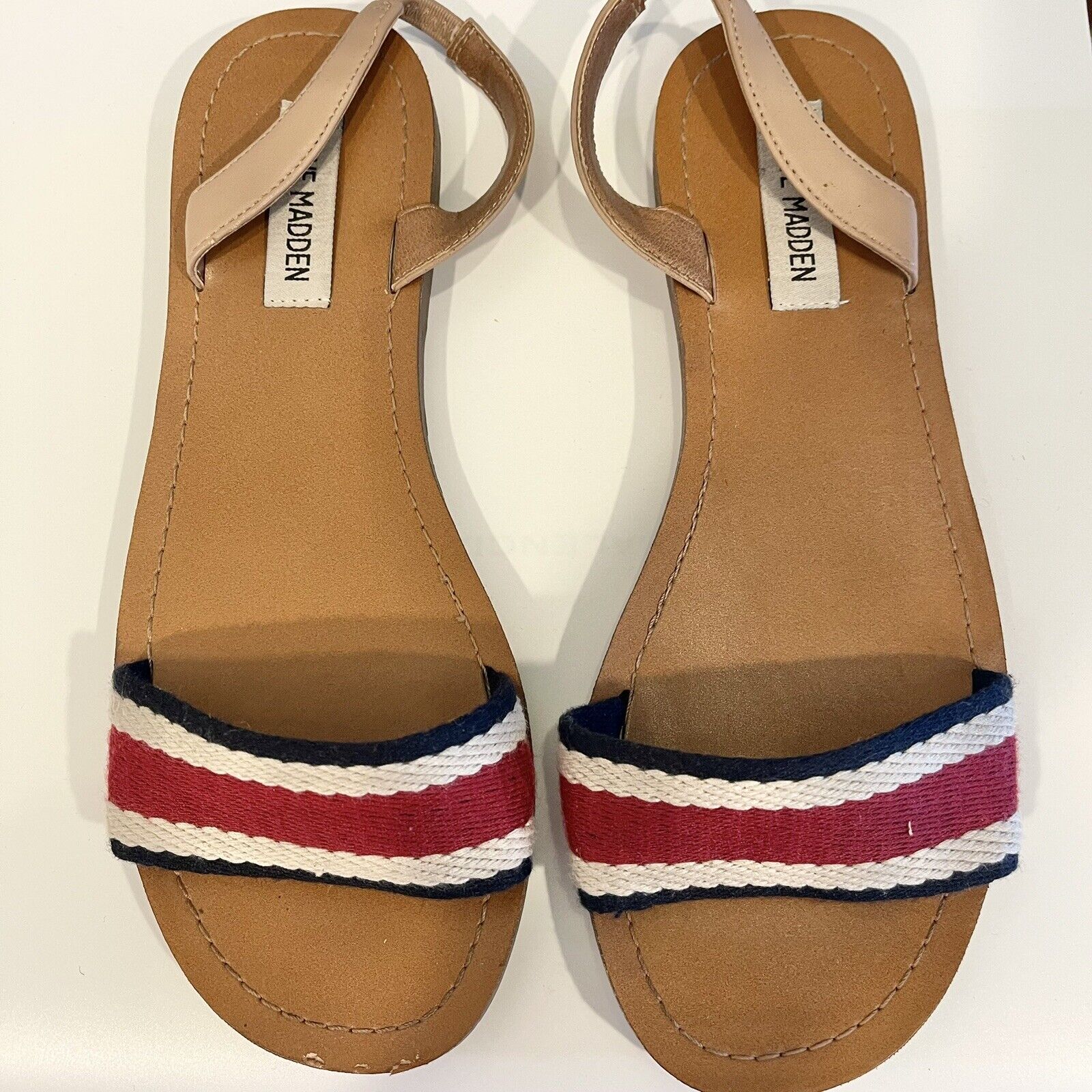 Steve Madden Red & Blue Fabric Strap Sandals Shoes Flip Flops | Size 39 / 8.5