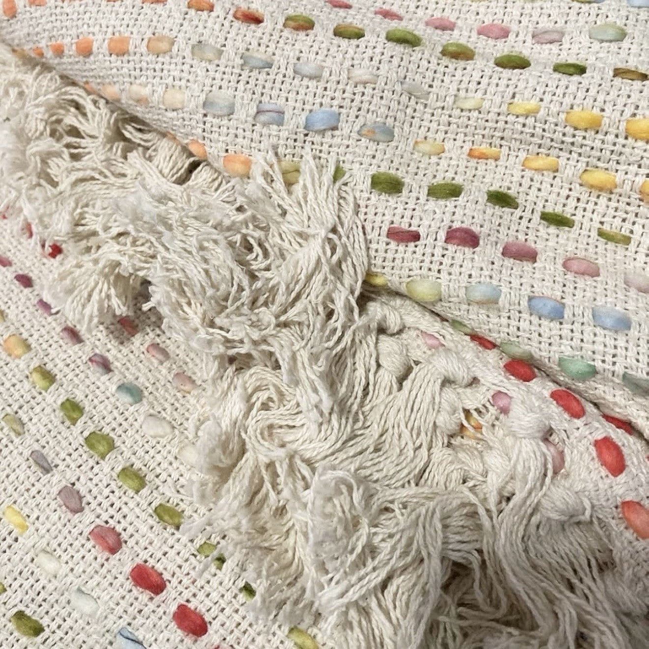 NEW Anthro Beige Rainbow Woven Knit Cotton Boho Tassel Throw Blanket - 50 x 70