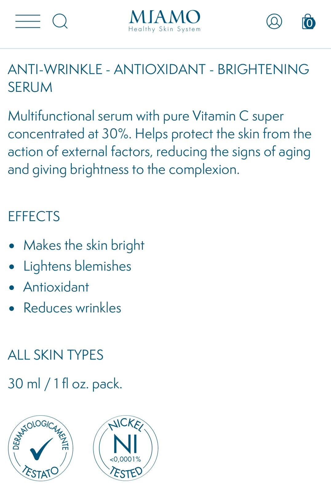 NEW Miamo VITAMIN C 30% Luxury Italian Anti-wrinkle Brightening Serum - 1 oz.