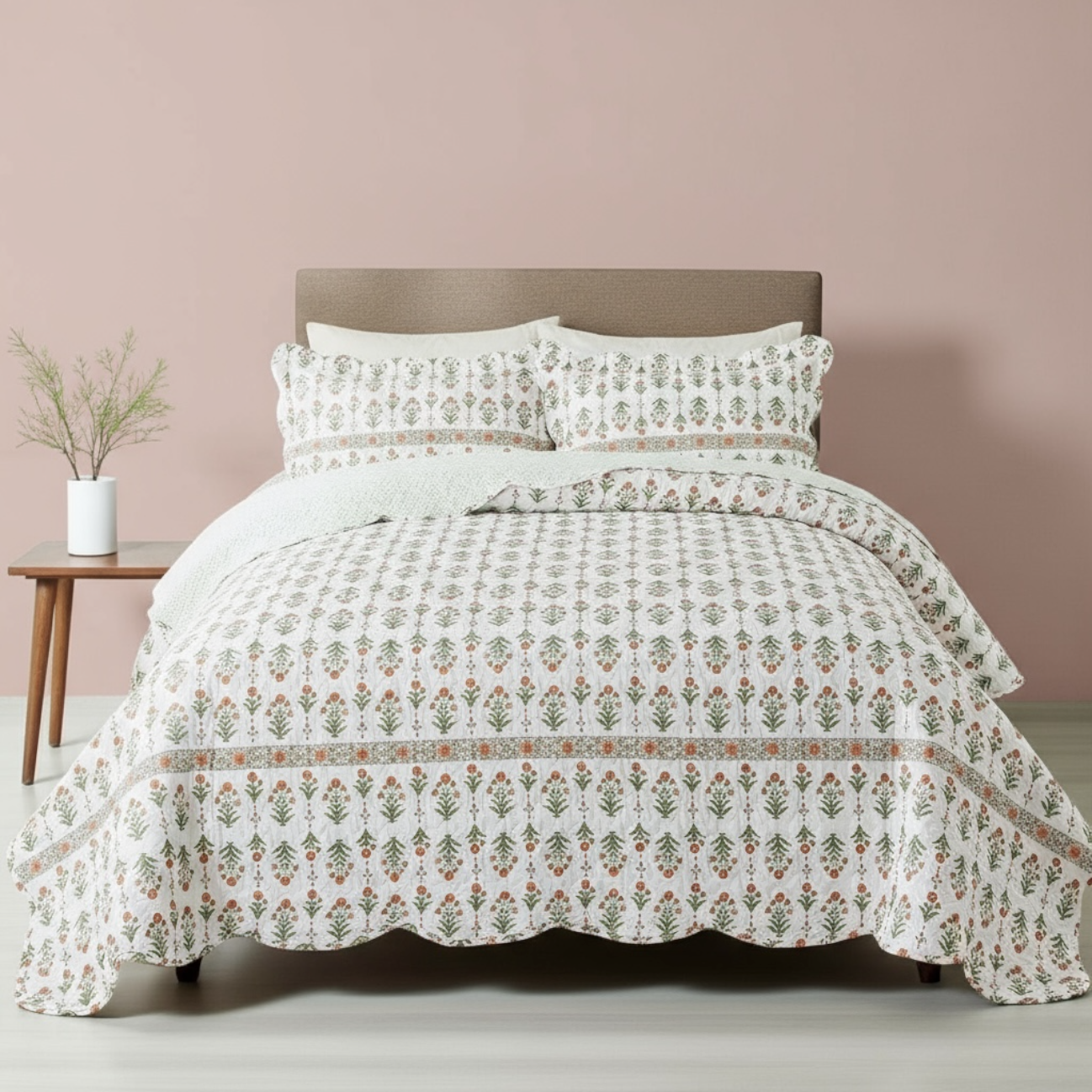 NEW Anthro Coral & White Floral Pattern Queen / King Bedding Quilt & Sham Set