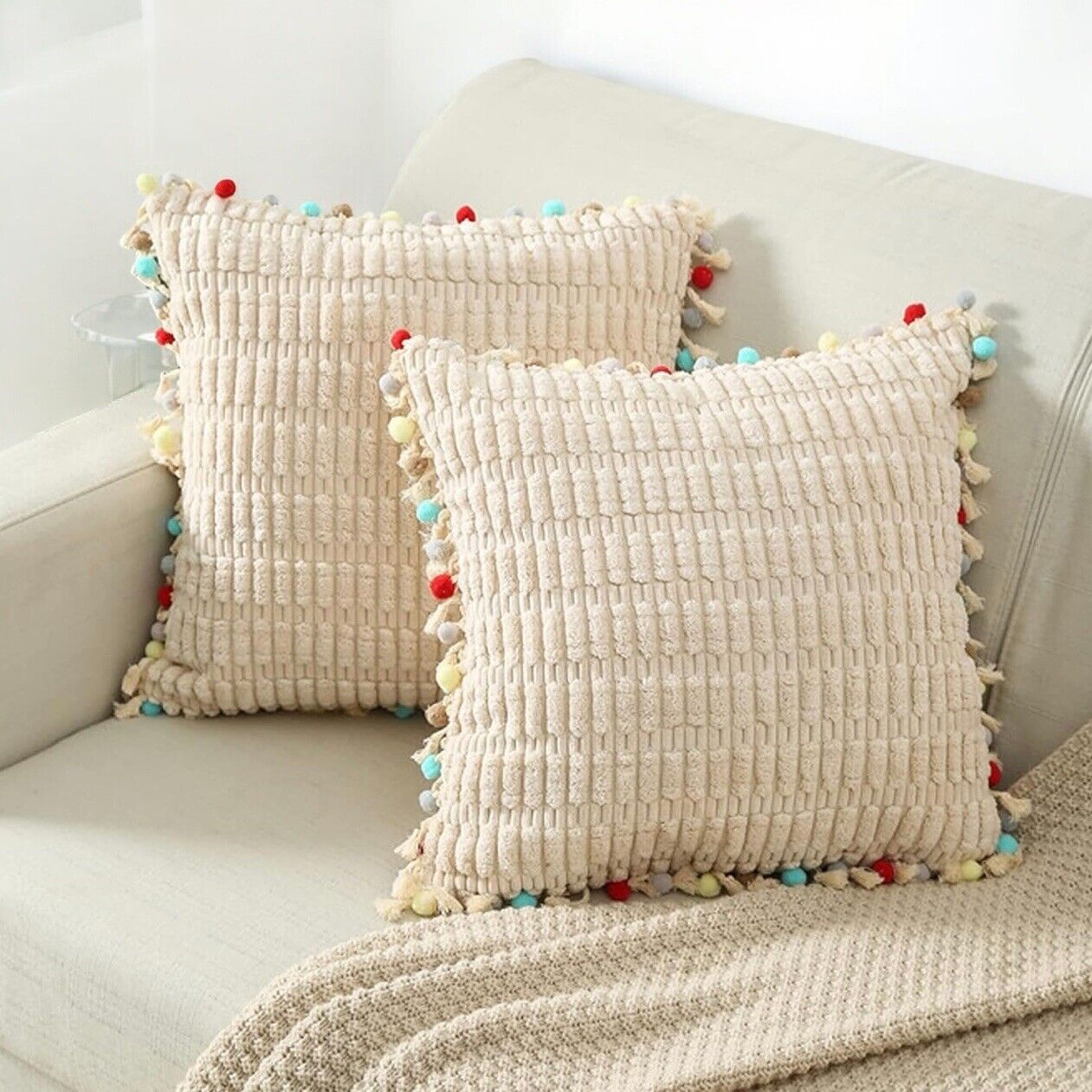 NEW Anthropologie (Set 2) Boho Tassel Pom Pom Throw Pillow Case Sham 24" x 24"