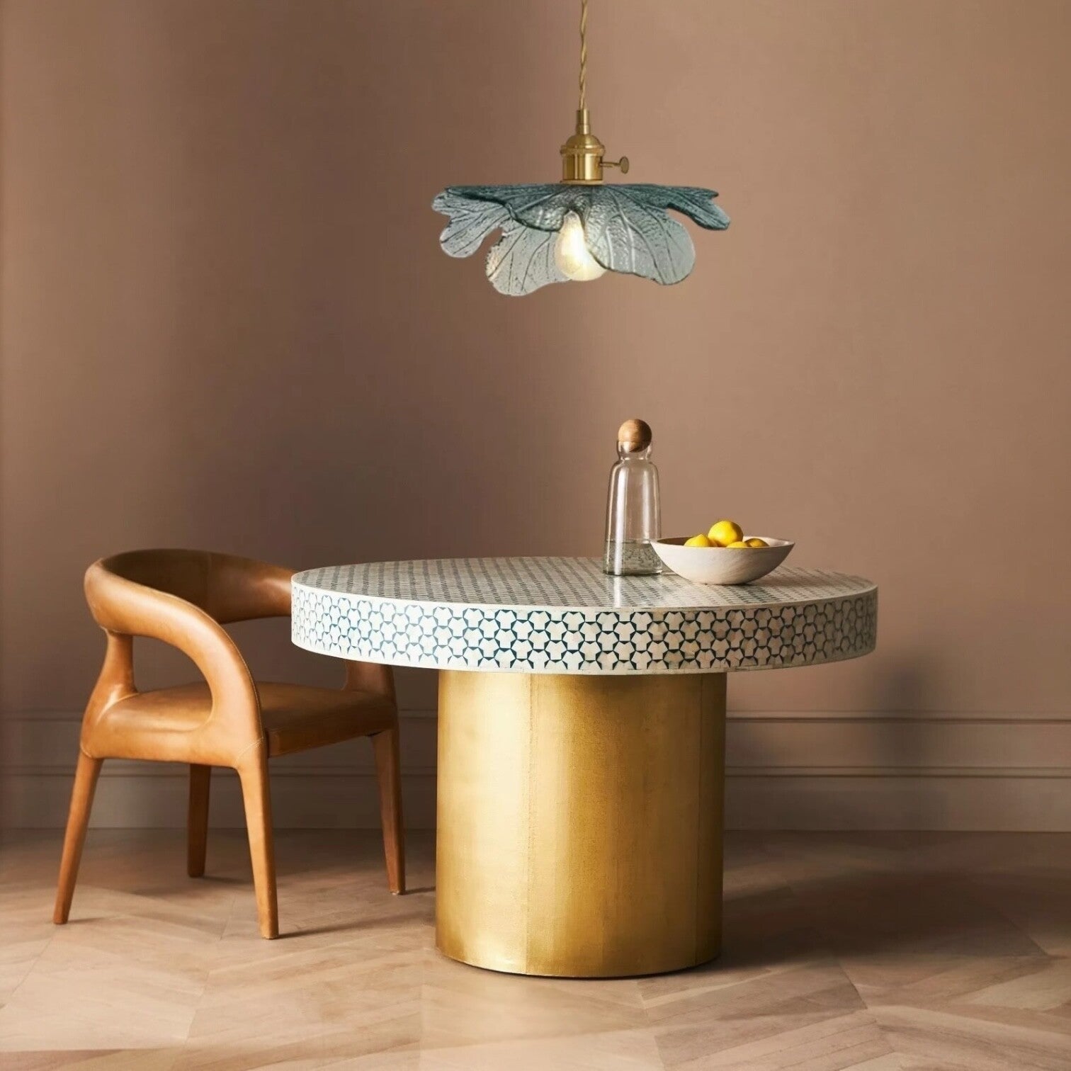 NEW Anthro Vintage Blue Glass Hanging Retro Gold Floral Pendant Light Fixture