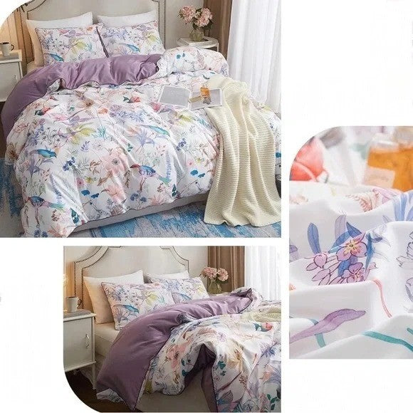 NEW Anthro Purple Floral Bird Boho Cotton Queen / King Bedding Duvet & Sham Set