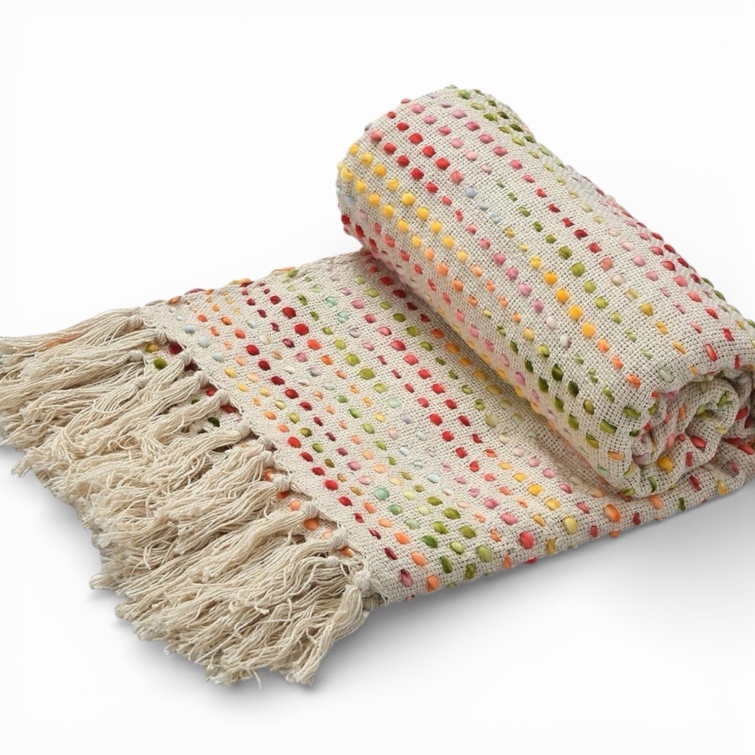 NEW Anthro Beige Rainbow Woven Knit Cotton Boho Tassel Throw Blanket - 50 x 70