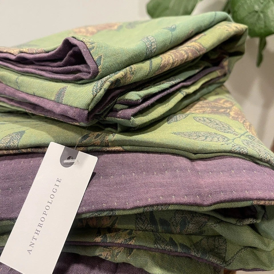 NEW Anthropologie Green Purple Floral Linen Queen / King Bedding Duvet Sham Set