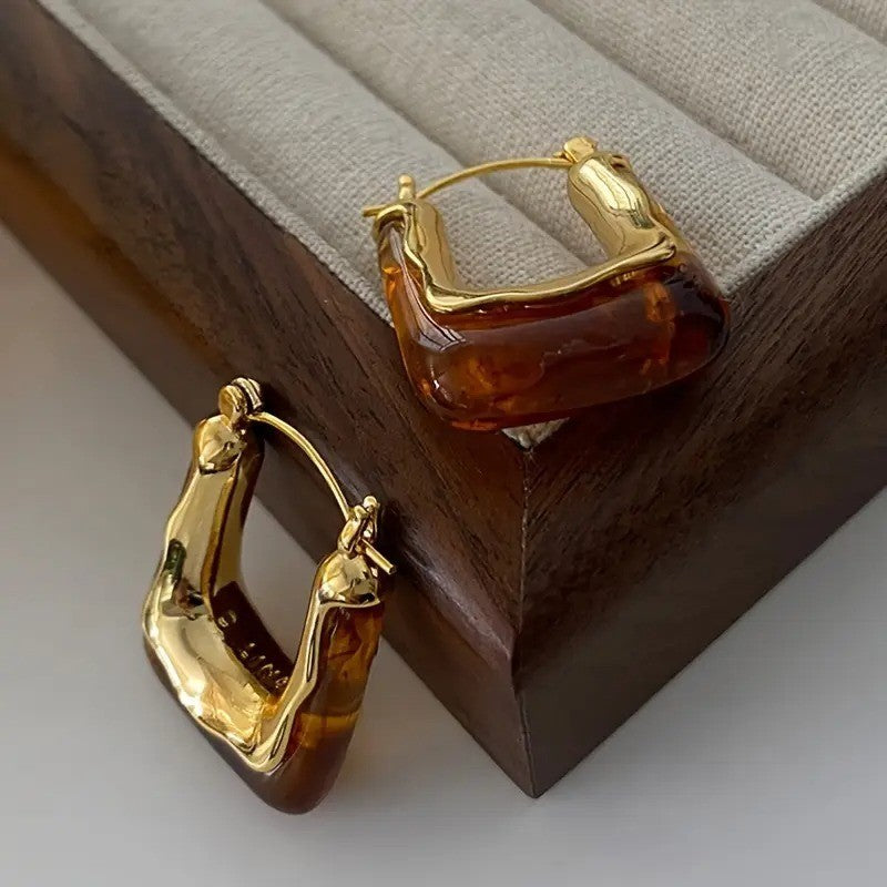 NEW Anthropologie Brown Resin & Gold Plated Chunky Hoop Dangle Earrings Jewelry