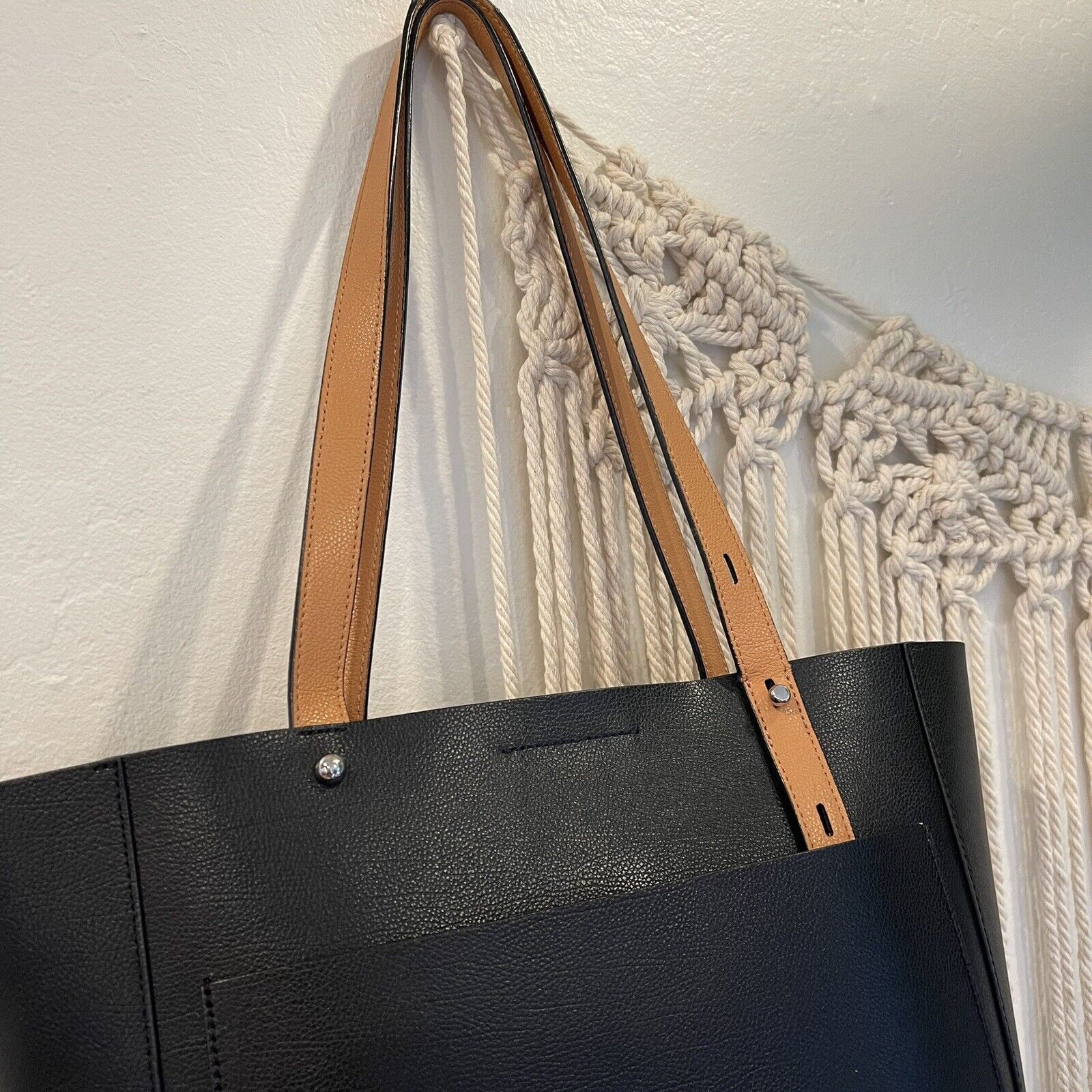 Rebecca Minkoff Black & Tan Stella North-South Tote Leather Laptop Bag Purse