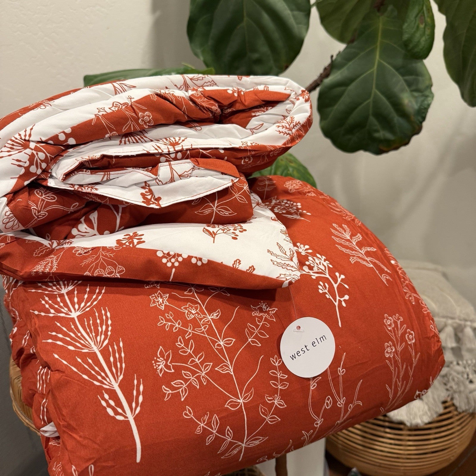 NEW West Elm Red Queen Size Comforter Botanical Print Bedding & Sham Case Set