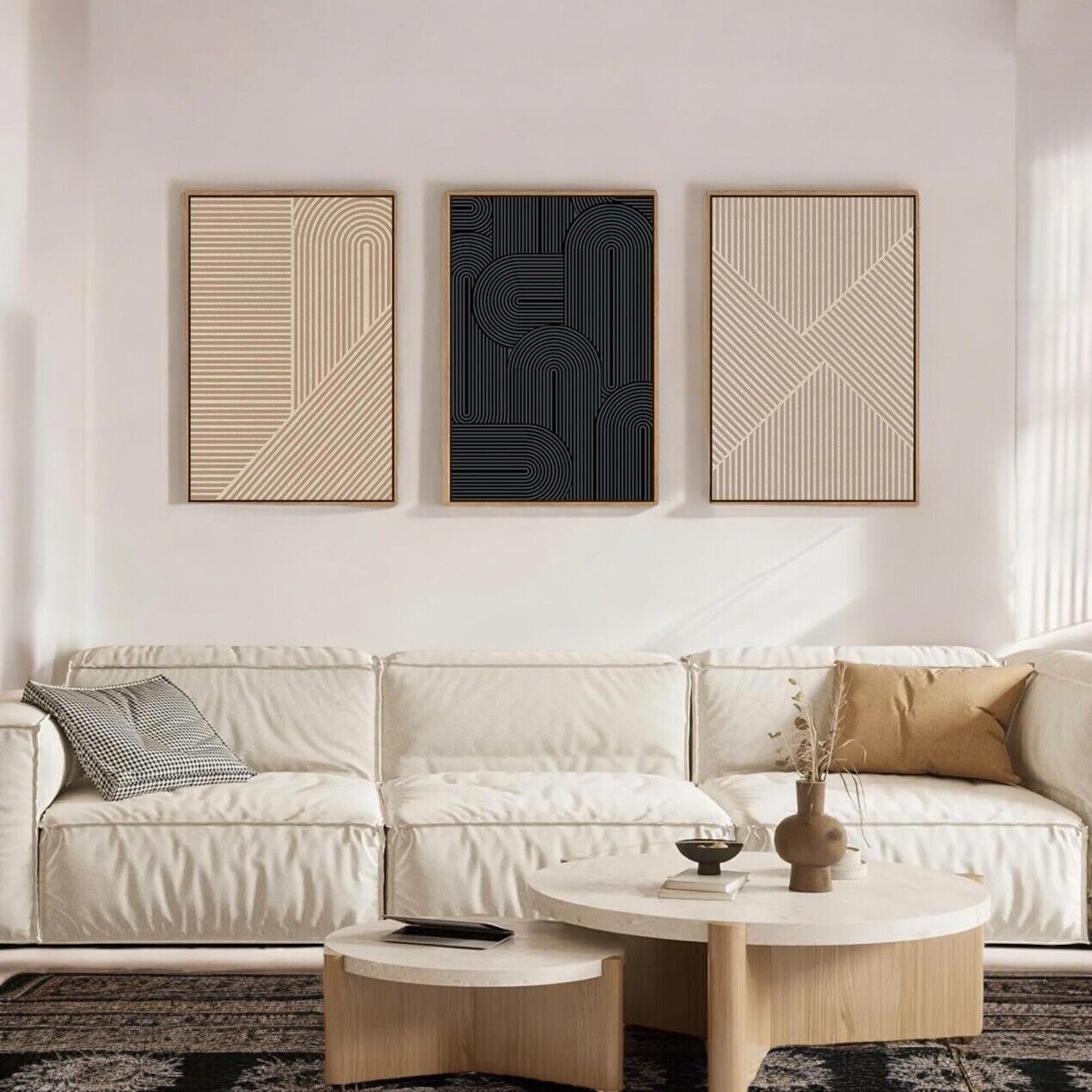 New West Elm Large Abstract Set of 3 Framed Canvas Wall Art Paintings Decor 24"