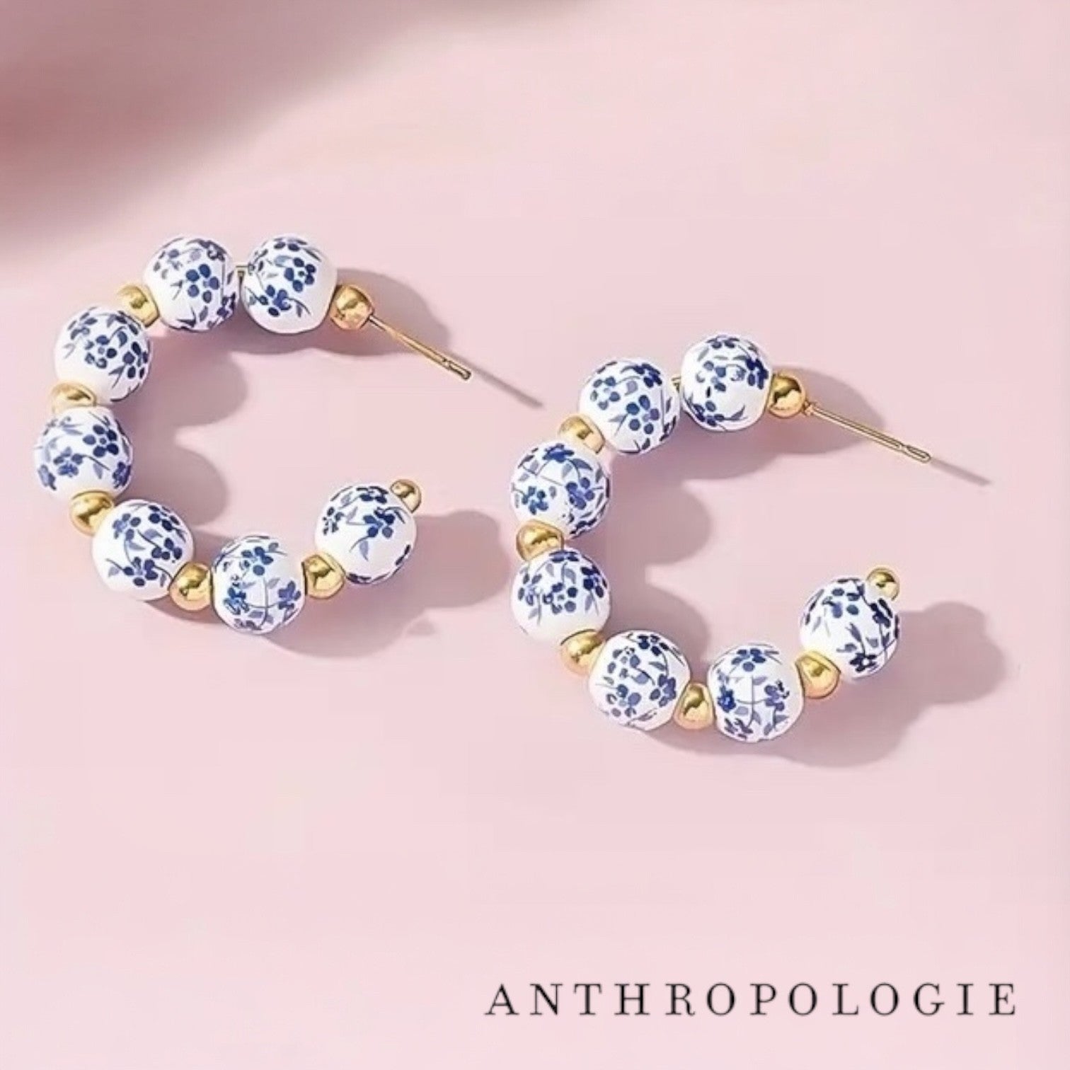 NEW Anthropologie Blue Ceramic & Gold Plated Boho Beaded Hoop Earrings Jewelry