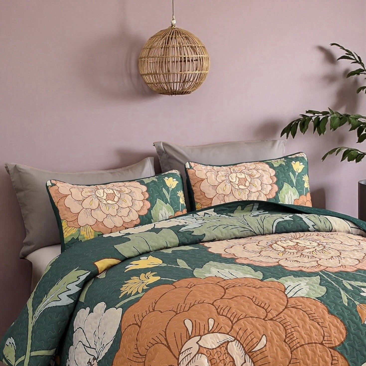 NEW Anthro Large Floral Print Multicolor Boho Queen King Bedding Quilt Sham Set