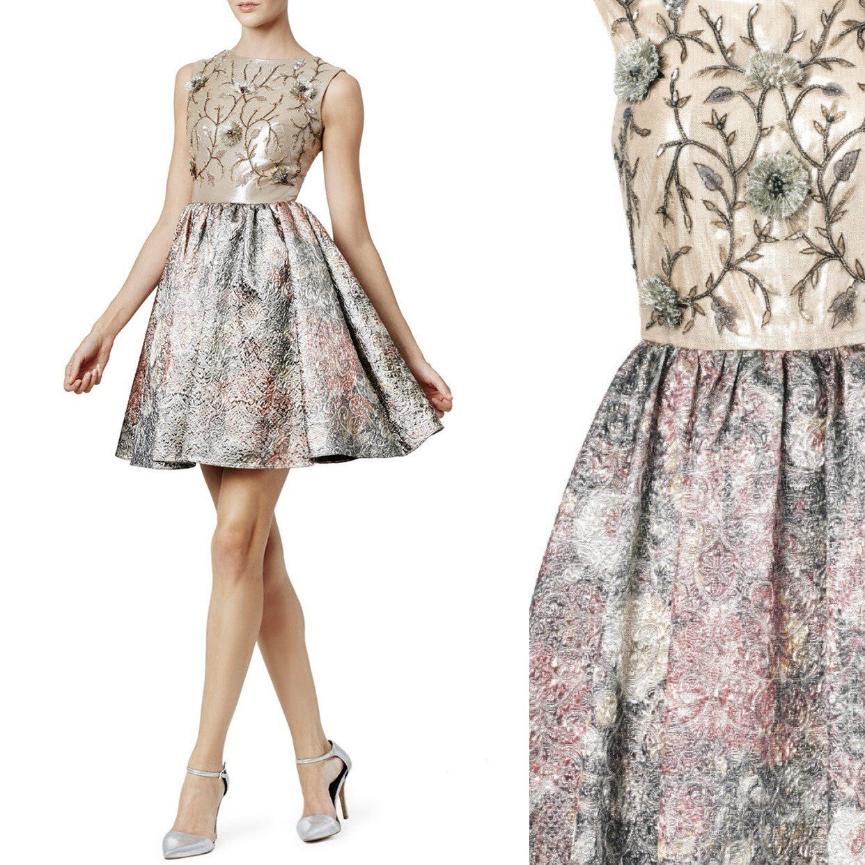 Marchesa Notte Luxury Metallic Floral Jacquard Bold Baroque Mini Dress Medium 8