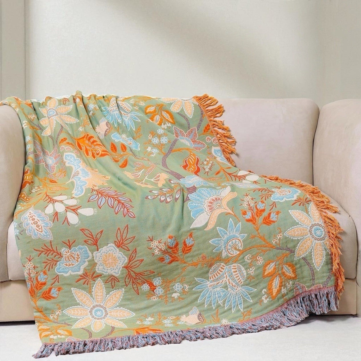 NEW XL Coral & Green Reversible Boho Fringe Blanket Bedspread Quilt - 80" x 90"